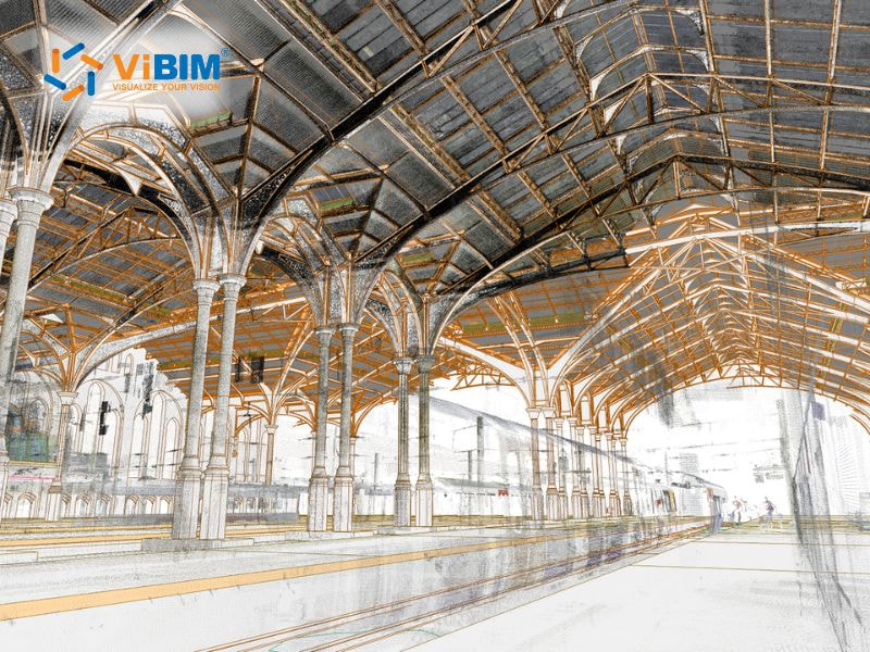 Detailed BIM rendering of historic train station interior showing ornate columns and arched roof structure