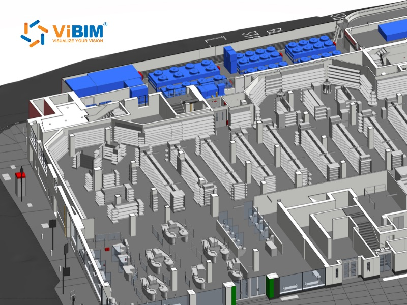 ViBIM 3D BIM model of a retail interior with shelves, the final output of the lidar point cloud to 3d model workflow.