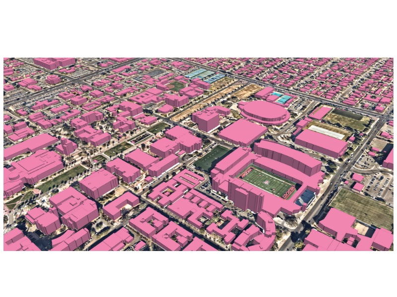 Extruded pink 3D building models on a city map demonstrating the lidar point cloud to 3d model extraction process.