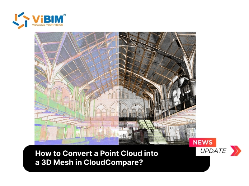 Split view showing point cloud to 3d model conversion of an arched hall in CloudCompare by ViBIM.