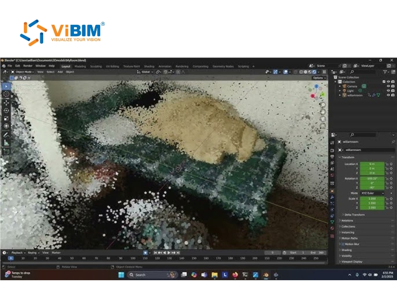 Blender interface displaying an imported interior scan to refine geometry and show how to convert point cloud into 3d model.
