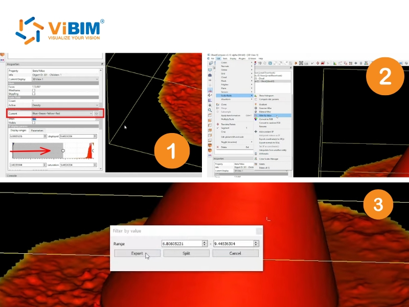 CloudCompare Filter by Value and color settings cleaning a mesh to show how to convert point cloud to 3d model.