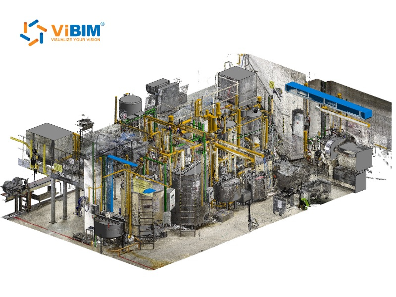 ViBIM industrial plant point cloud with complex piping and tanks, illustrating an object-based lidar point cloud to 3d model for BIM.