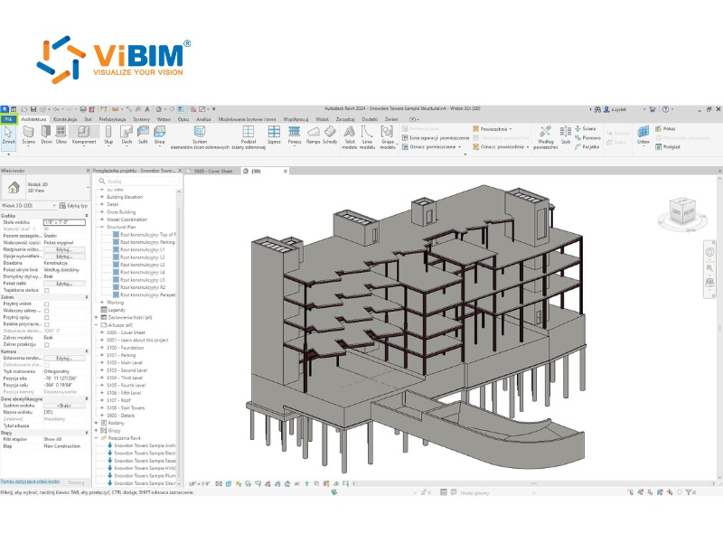 Autodesk Revit interface showing a structural 3D view, a primary tool for lidar point cloud to 3d model BIM.