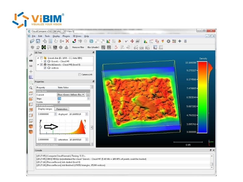 CloudCompare displaying a point cloud heatmap to filter noise in the point cloud data to 3d model process.
