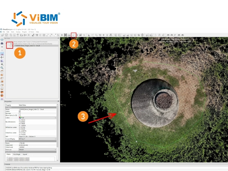 CloudCompare interface showing point cloud data and segmentation tools to preprocess and convert point cloud into 3d model.