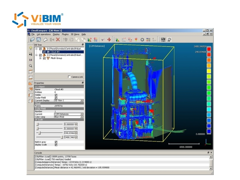 CloudCompare displaying an imported industrial scan with heatmap colors, initiating the point cloud to 3d model workflow.