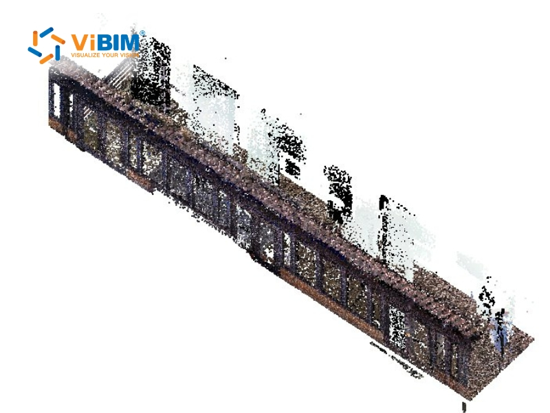 ViBIM building facade scan undergoing software-based 3d point cloud noise filtering.