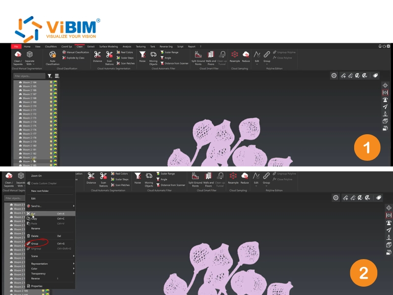 ViBIM Cyclone 3DR 2-step workflow grouping sub-clouds to finish 3d point cloud noise filtering on a sculpture scan.