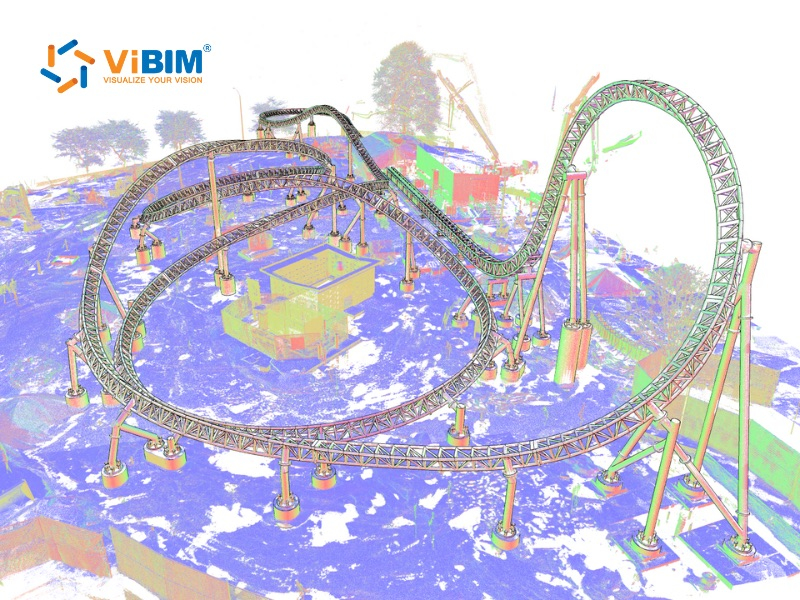 ViBIM 3D elevated railway bridge model showcasing BIM for structural engineering with parametric concrete pillars.