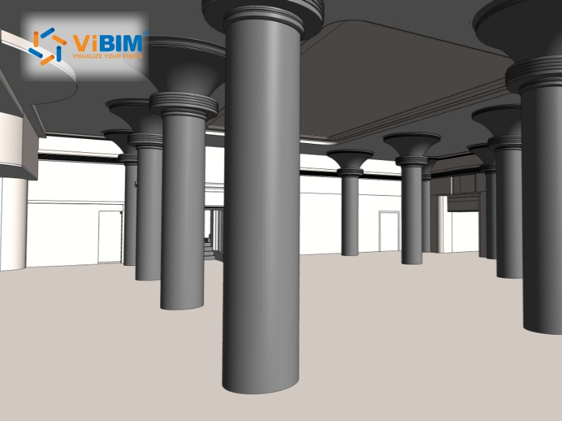 ViBIM 3D interior model displaying grey parametric columns, contrasting BIM for structural with 2D drafting.