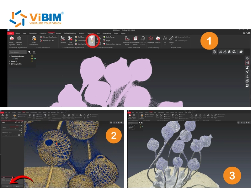 ViBIM Cyclone 3DR 3-step workflow applying 3d point cloud noise filtering to clean a decorative sculpture scan.