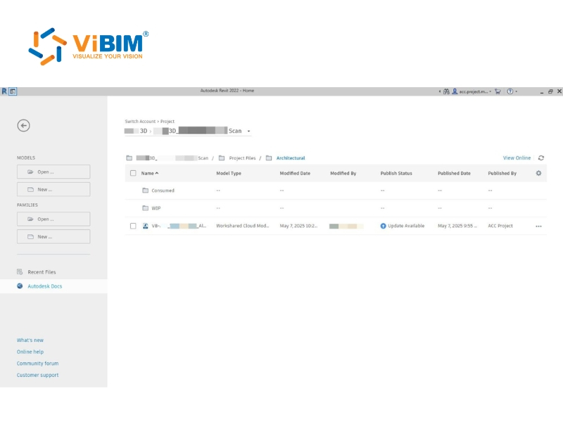 Revit 2022 home screen showing Autodesk Docs CDE with WIP and Consumed folders, publish status, and version tracking columns