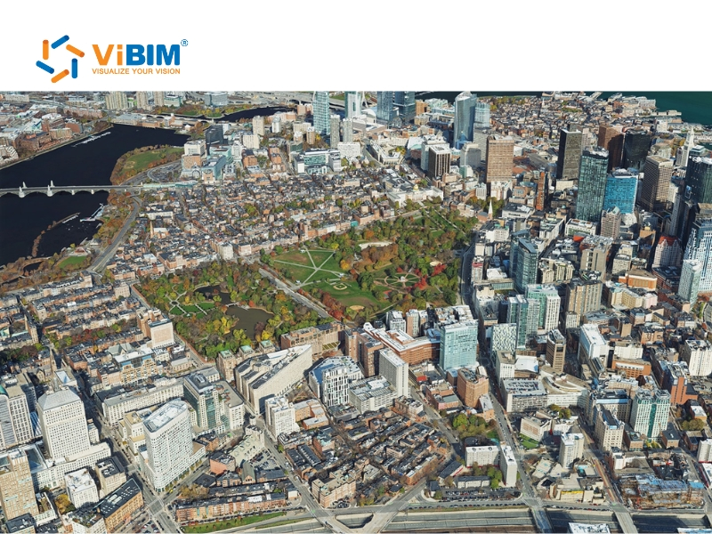 ViBIM aerial city map with reflective glass facades evaluating site conditions for LiDAR vs Photogrammetry.