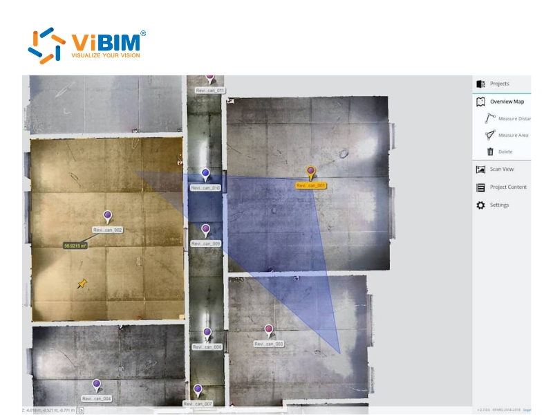 ViBIM CDE platform overview map displaying reality capture scan points across a construction floor plan with measurement tools