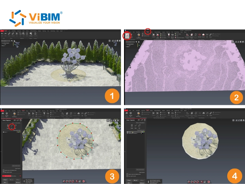ViBIM Cyclone 3DR 4-step workflow isolating a sculpture scan from background trees for 3d point cloud noise filtering.