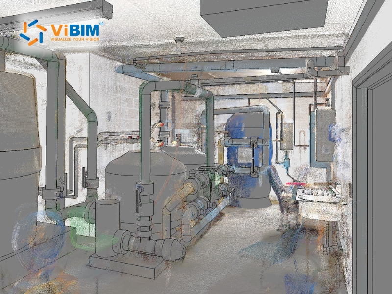 ViBIM BIM model overlaid on point cloud scan of MEP mechanical room showing pipes, tanks, and duct systems