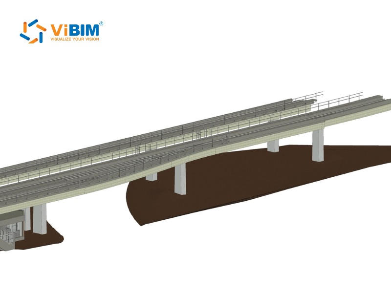 ViBIM 3D elevated railway bridge model showcasing BIM for structural engineering with concrete pillars.