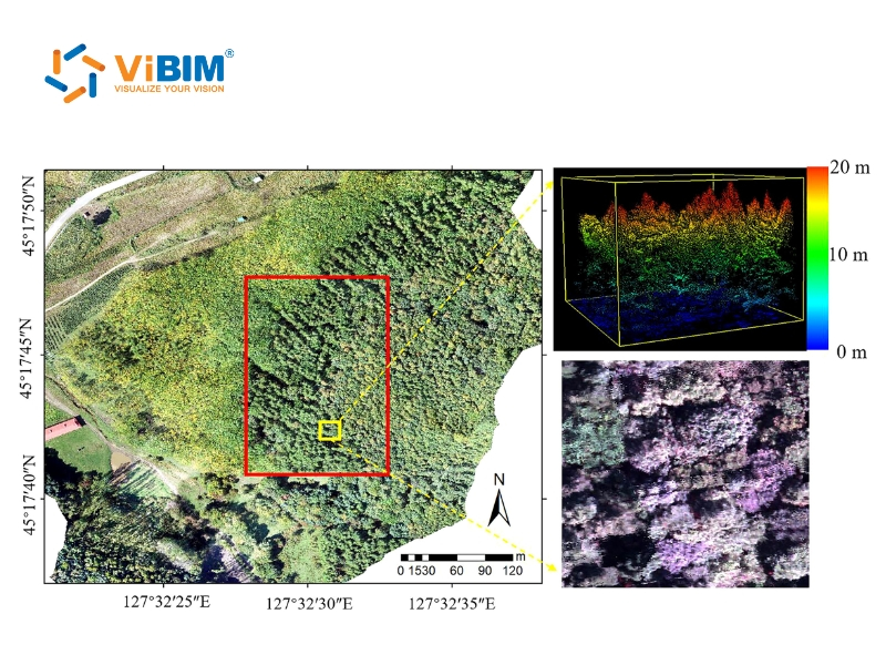 ViBIM aerial forest map showing 3D elevation data and canopy visuals for a LiDAR vs Photogrammetry accuracy comparison.
