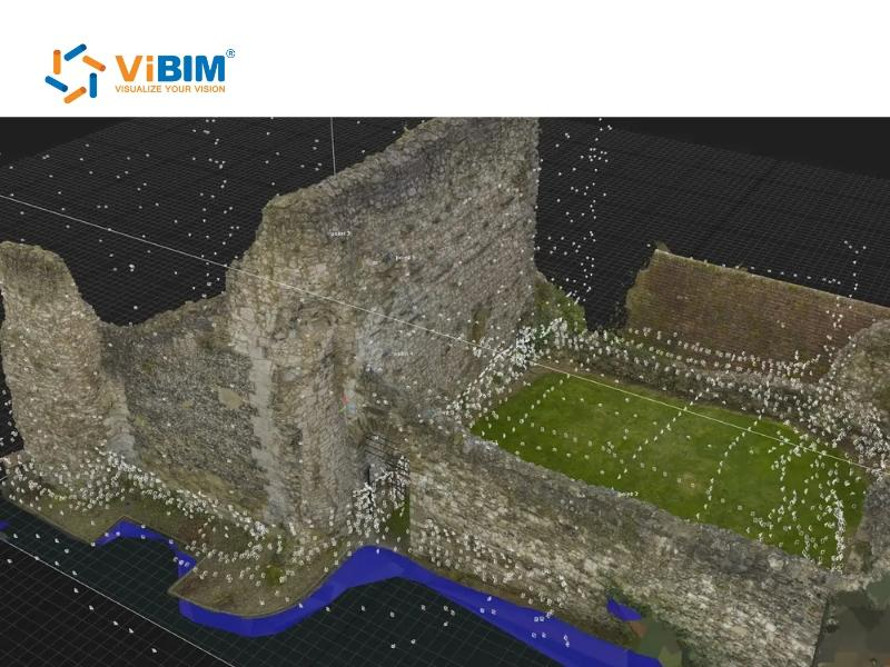 ViBIM 3D model of stone ruins mapping white camera nodes for LiDAR vs Photogrammetry analysis.