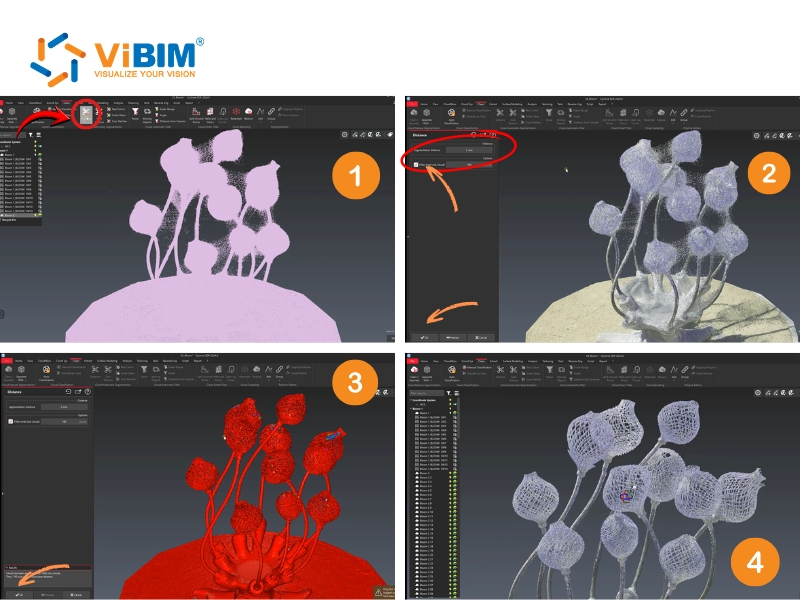 ViBIM Cyclone 3DR 4-step workflow applying Filter by Distance for 3d point cloud noise filtering on a sculpture scan.