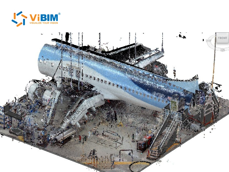 ViBIM airplane 3D point cloud scan exhibiting raw data artifacts before 3d point cloud noise filtering.
