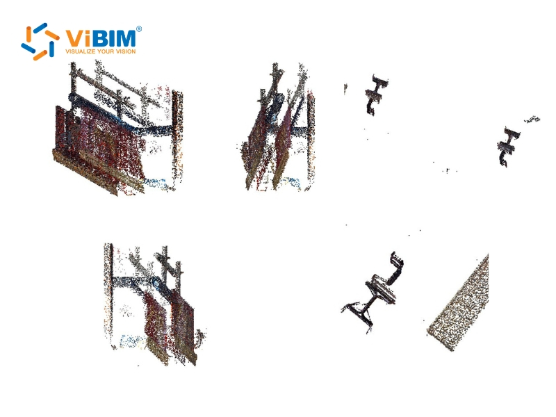ViBIM fragmented wall and chair point clouds highlighting errors from poor 3d point cloud noise filtering.