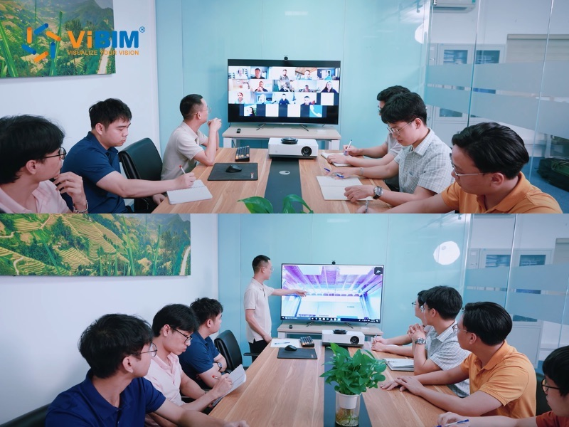 ViBIM engineering team presenting a 3D model on a screen to discuss outsourced BIM for structural services.