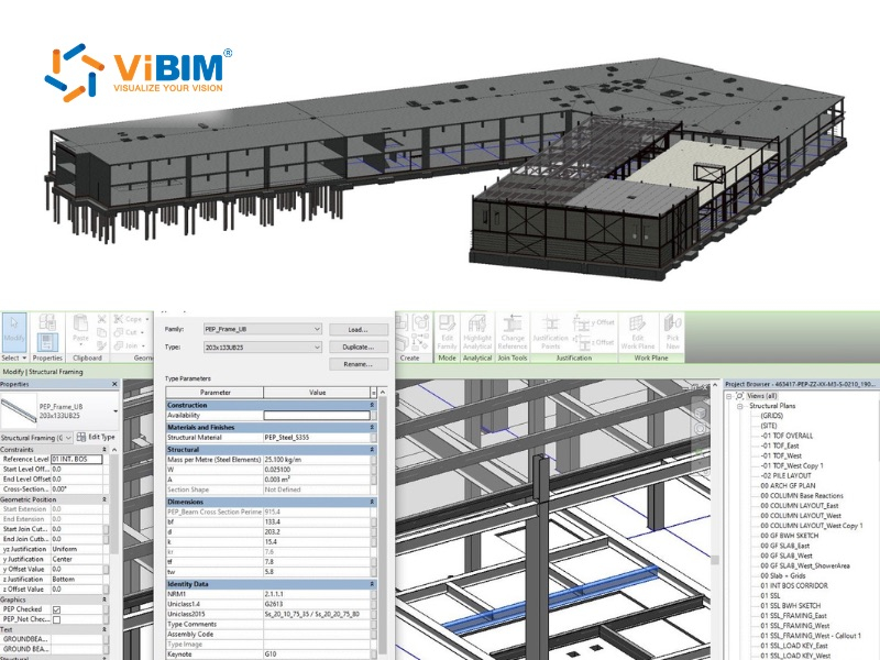 ViBIM 3D building model and software interface showing steel beam properties in BIM for structural implementation.