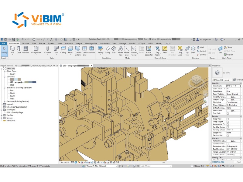 Autodesk Revit 2022 displaying 3D BIM model of aluminum press equipment managed through a CDE for Scan to BIM coordination
