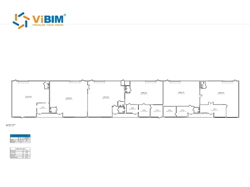 As-built floor plan of a warehouse and office facility with room labels and dimensions created by ViBIM