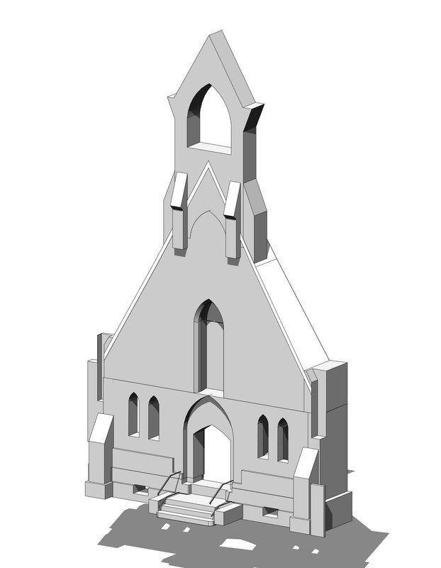 LOD 200 approximate-geometry BIM model of a heritage church, openings and tower