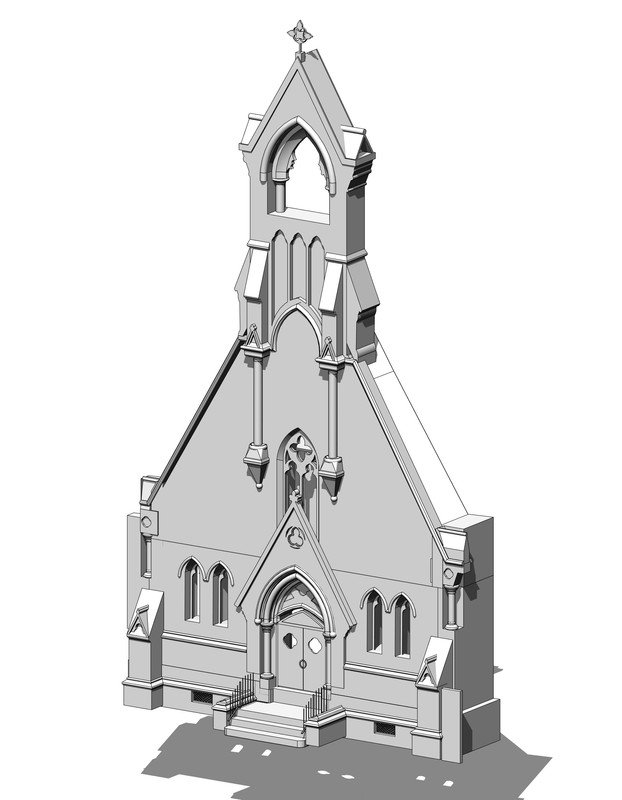 LOD 400 fabrication-ready BIM model of a heritage church, fine ornamental detail