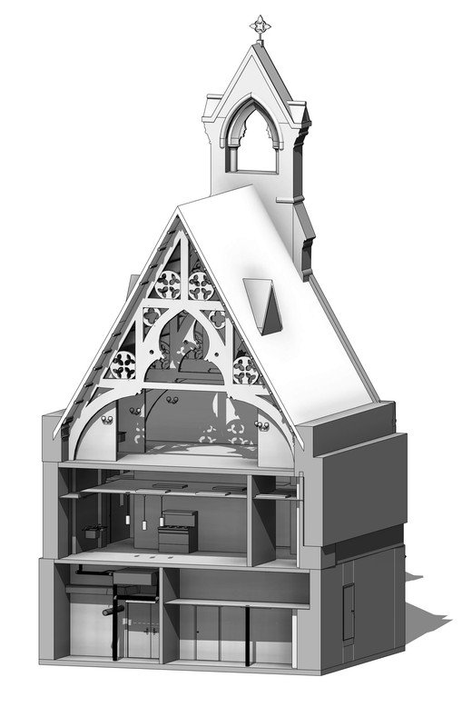 LOD 500 field-verified as-built BIM model, cutaway showing interior structure and systems