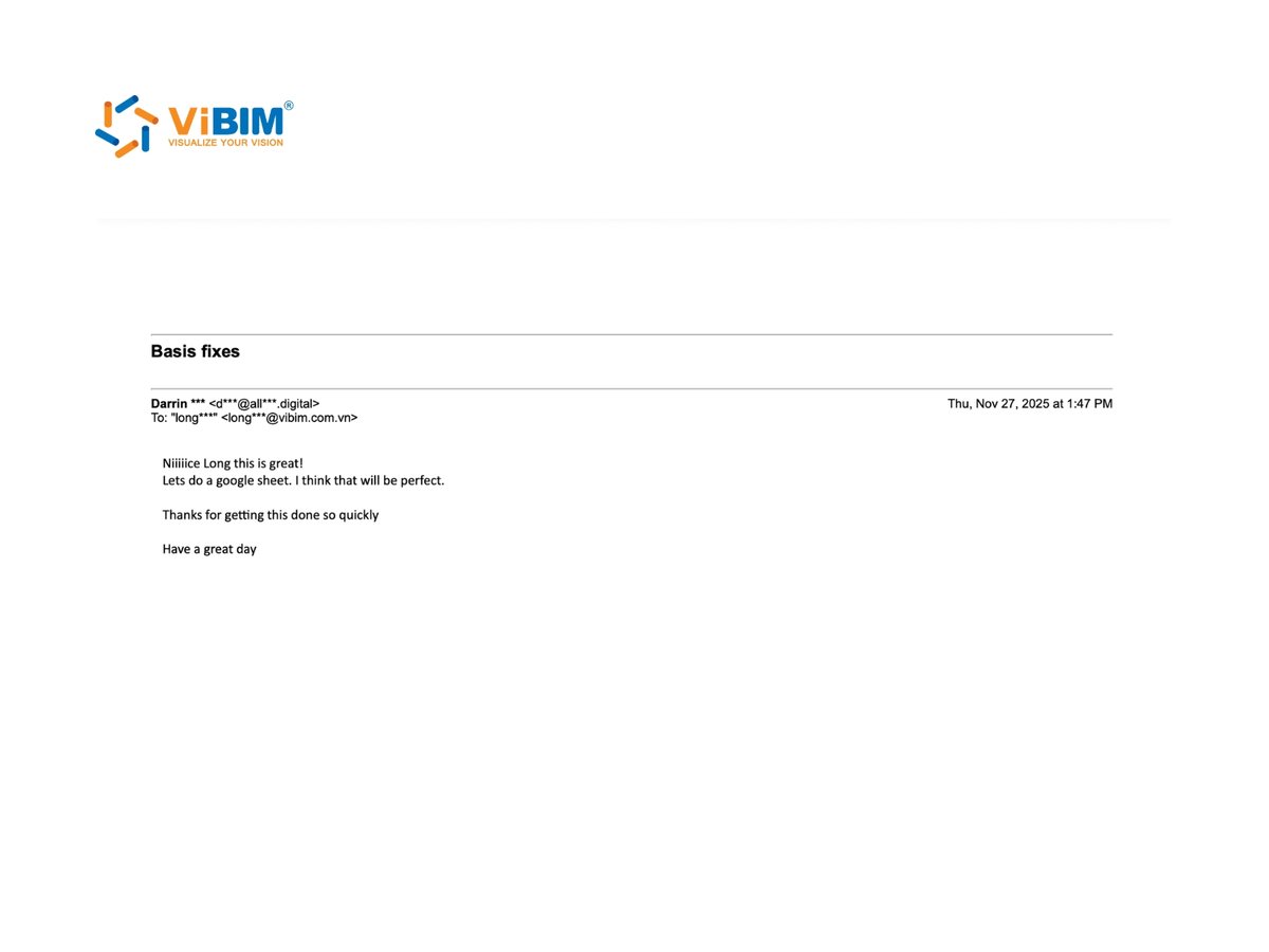 Client email thanking ViBIM for completing BIM work quickly