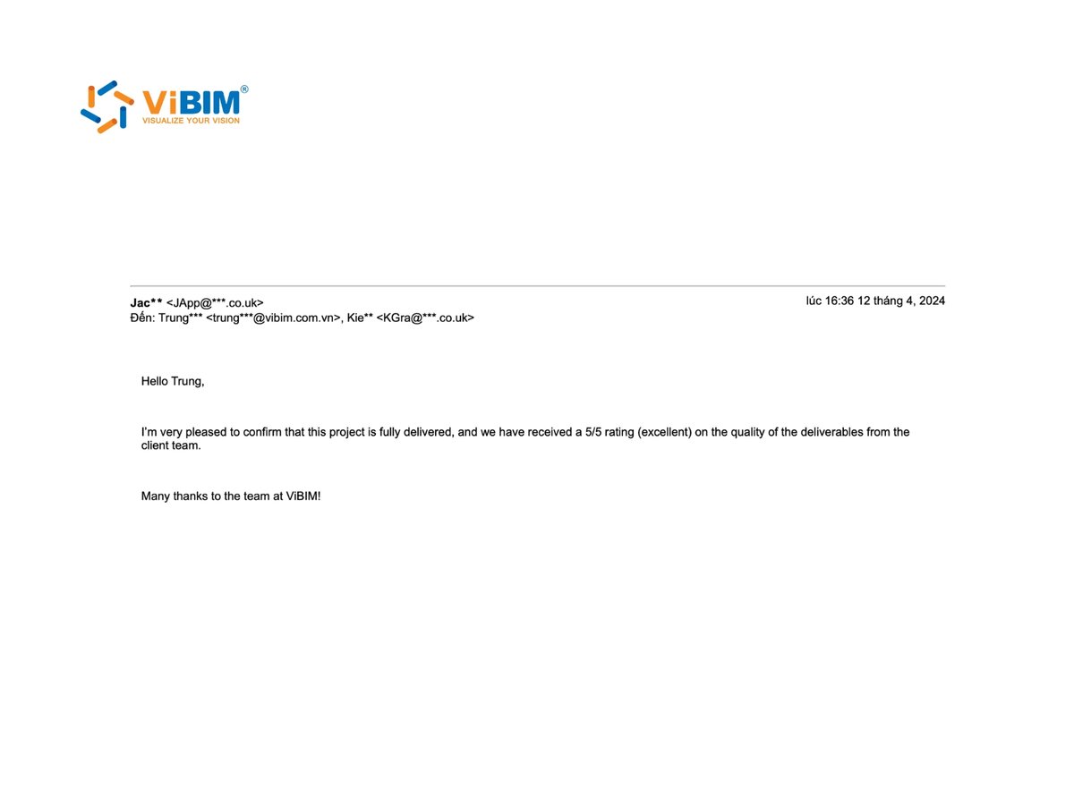 Client email confirming a five-star rating for ViBIM deliverables