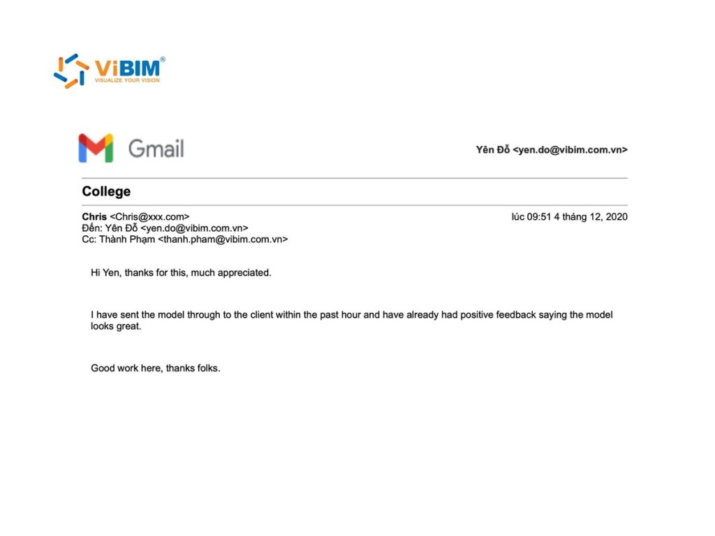 Client email praising the quality of a ViBIM Revit model