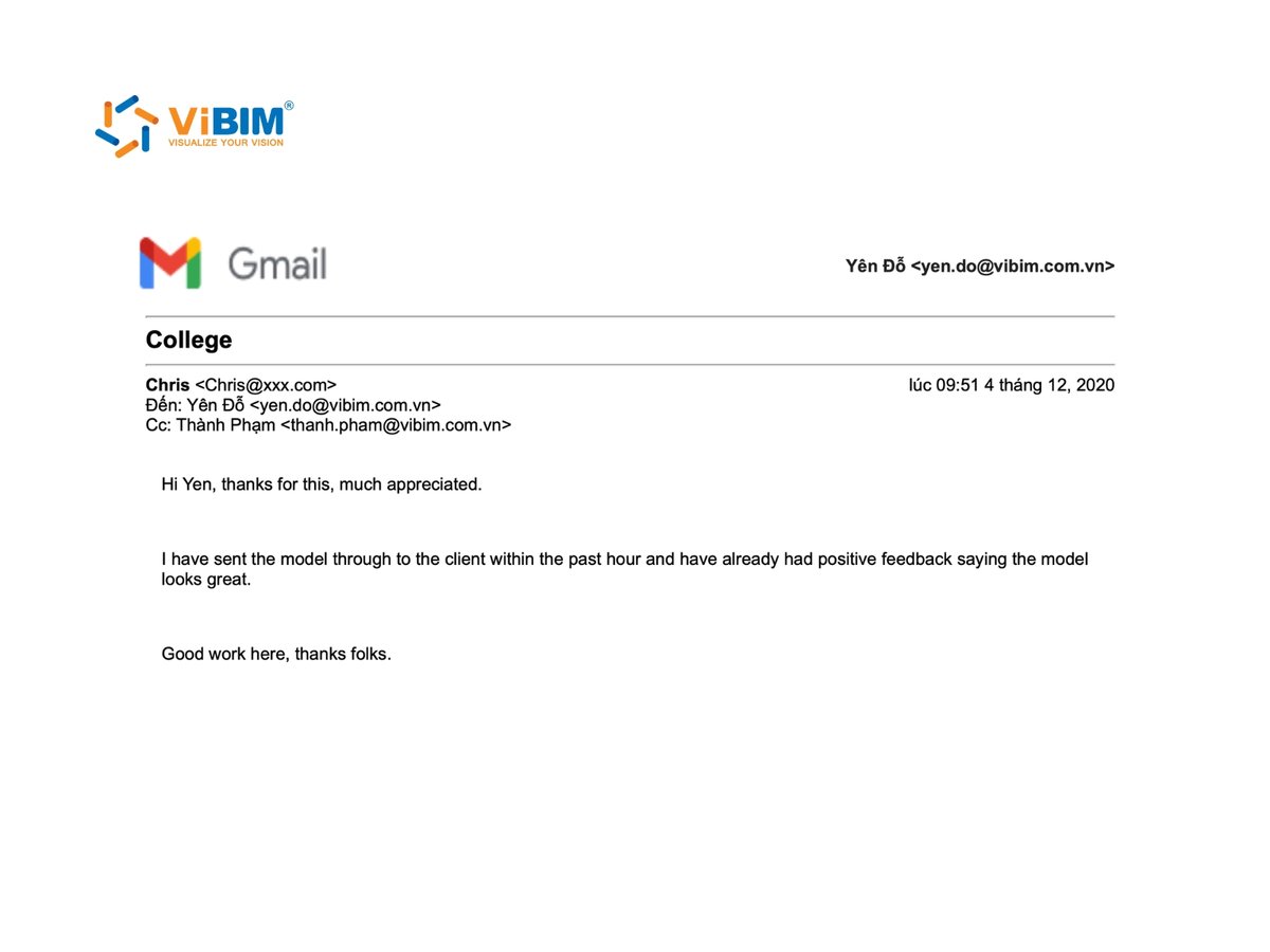 Client email praising the quality of a ViBIM Revit model