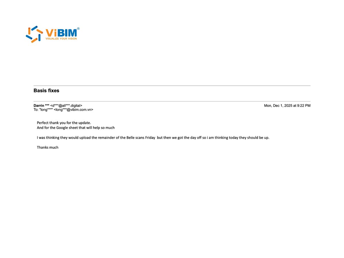 Client email praising ViBIM's clear Scan to BIM project update