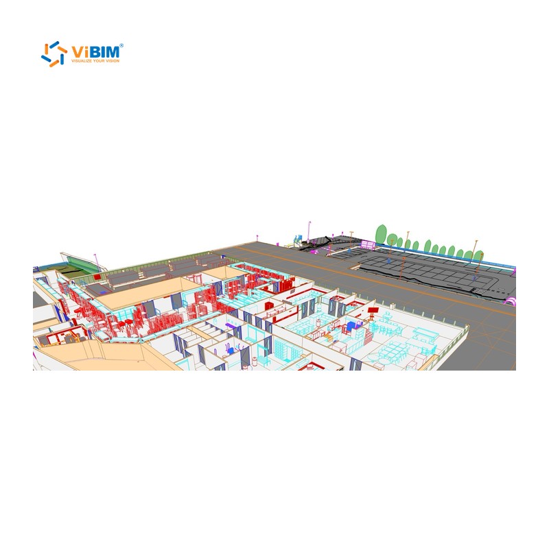 Isometric Revit model of a retail store floor layout and fixtures