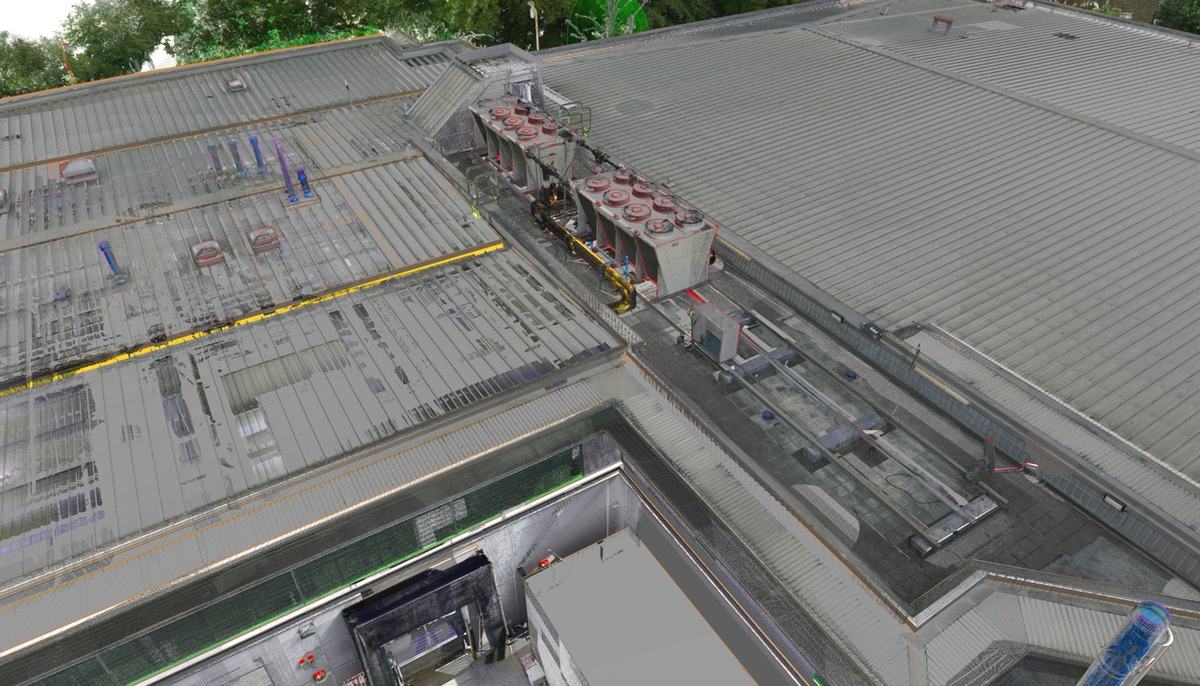 Aerial view of the supermarket roof with plant areas marked for scanning