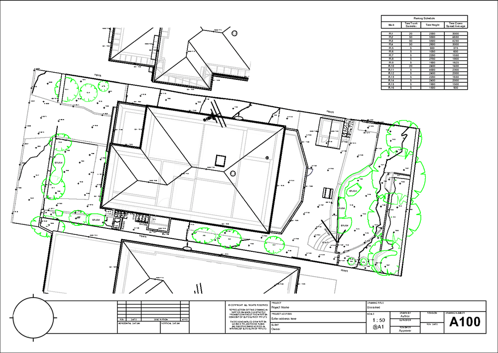 As-built drawing site plan with title block and planting schedule