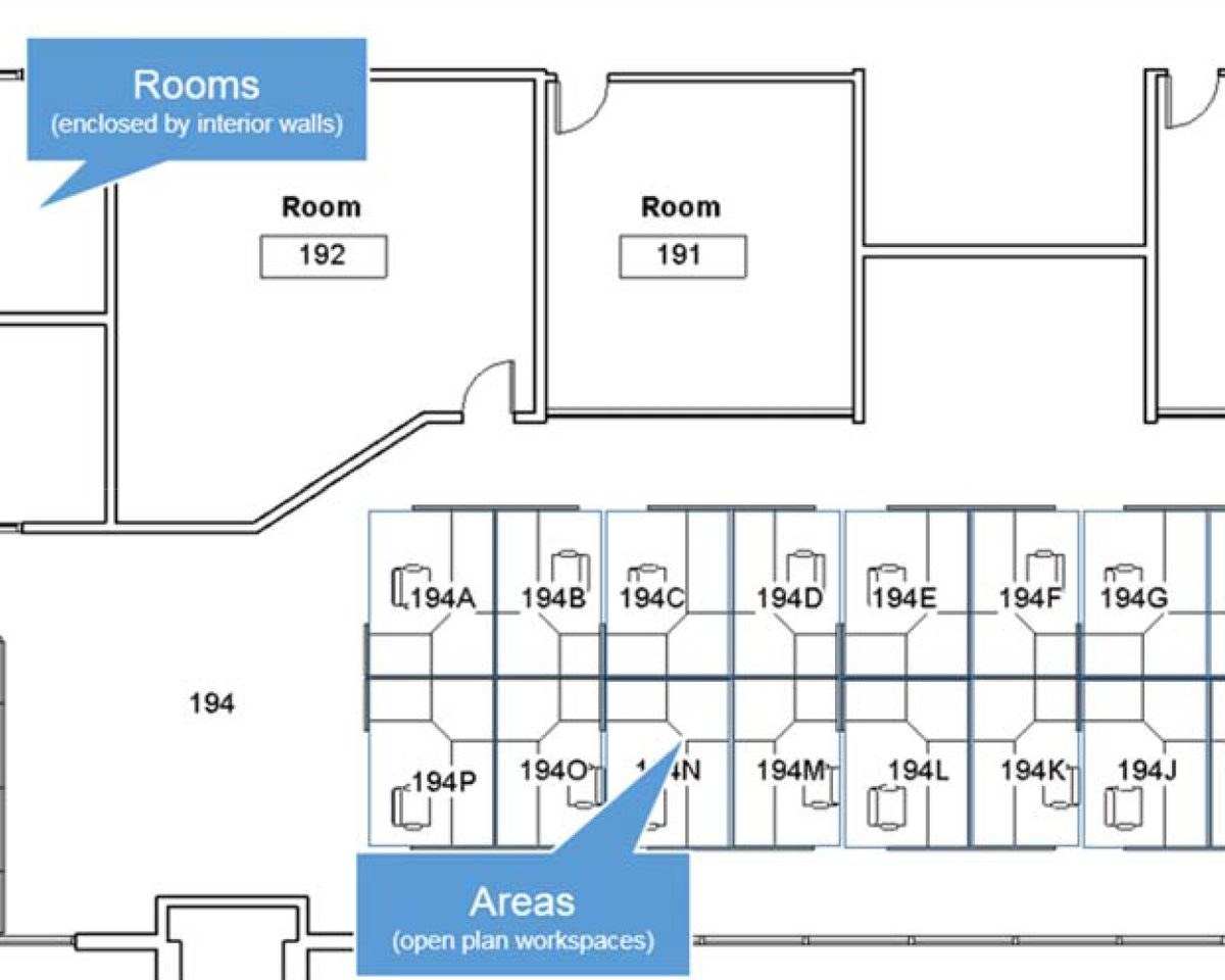 Floor plan with enclosed rooms and open-plan areas defined for space measurement