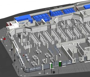 Full Revit model of the three-floor retail supermarket in isometric view