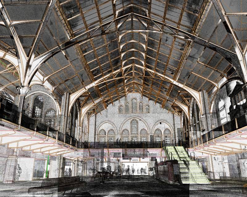Point cloud of a historic market hall with its arched roof structure modeled in BIM