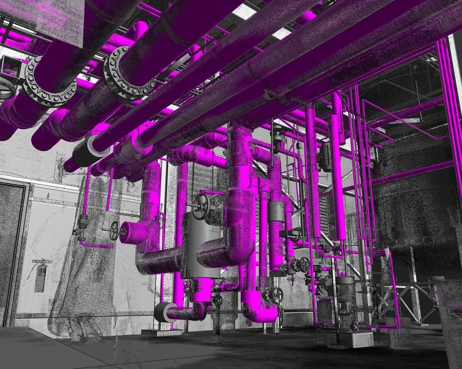 MEP pipework modeled over the point cloud of an existing plant room for a retrofit