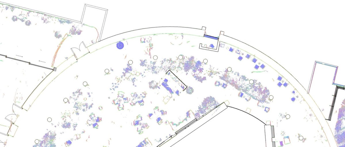 Point cloud of the curved commercial building floor plate in plan view