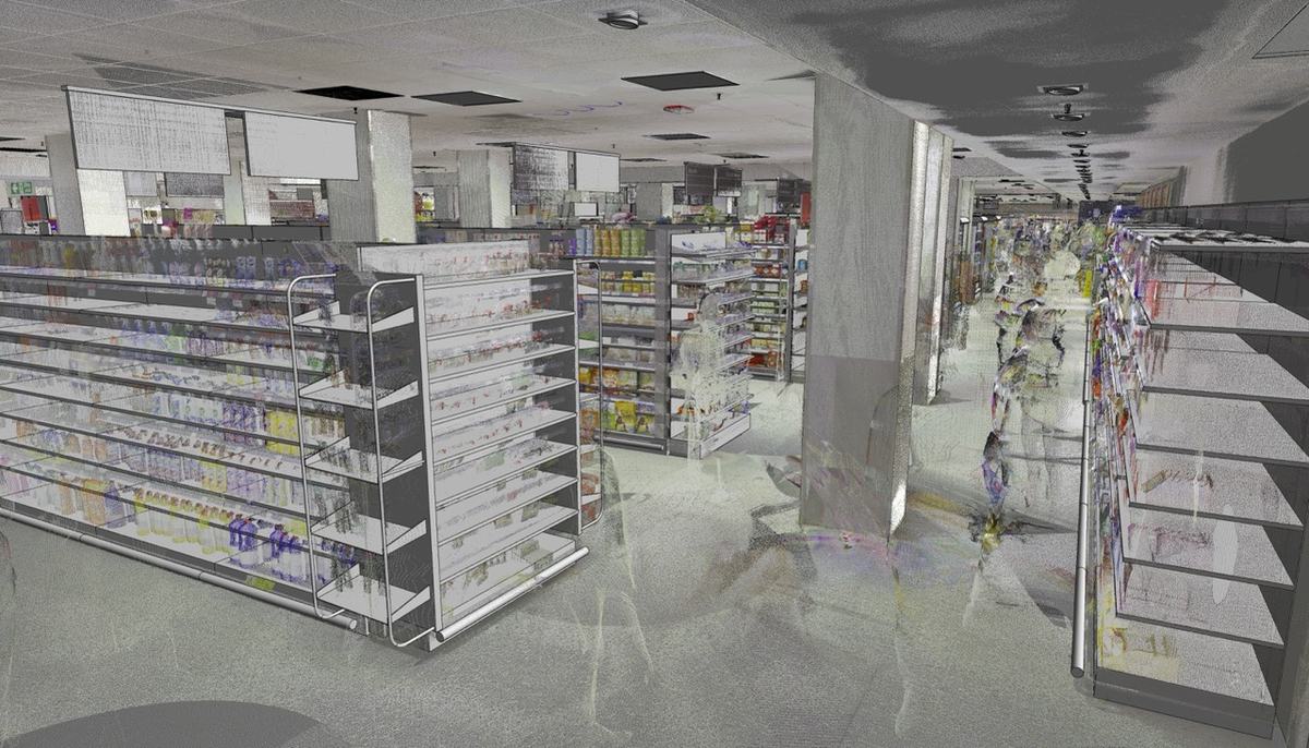 Point cloud of the supermarket interior with modeled shelving