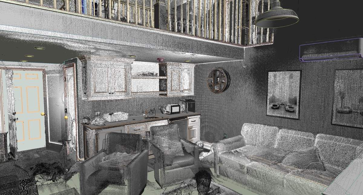 Point cloud scan of the stair hall with arched doorways and curved staircase