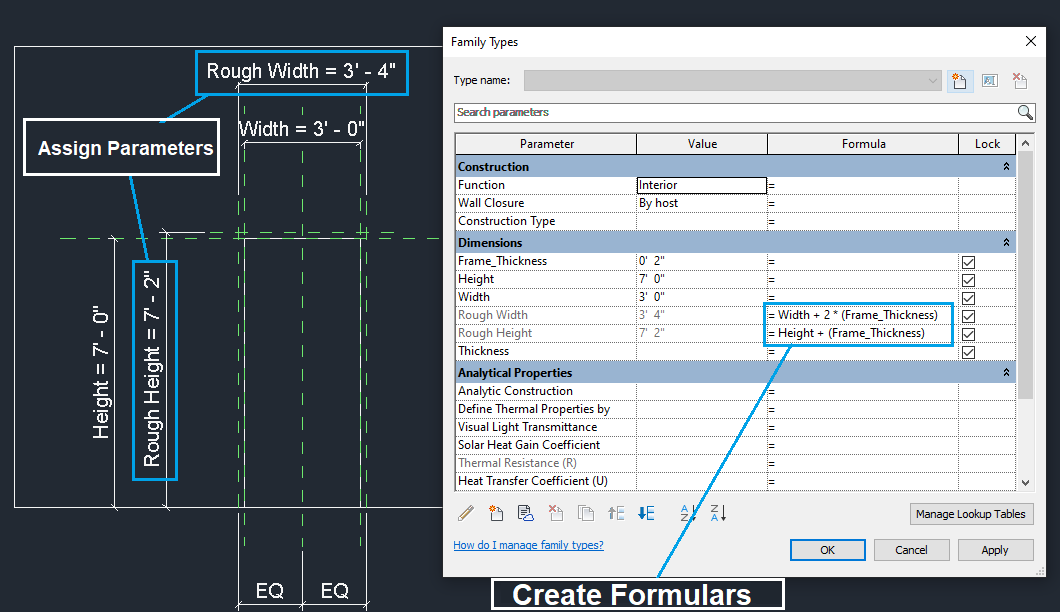 Revit family parameter settings for a custom door component
